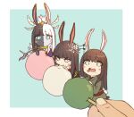  3girls :i animal_ears black_hair black_skin blue_eyes blush_stickers border chewing chibi chibi_only colored_skin dango eating final_fantasy final_fantasy_xiv flower food food_on_face full_body green_background green_eyes green_kimono hair_flower hair_ornament head_on_hand highres holding holding_food holding_smoking_pipe hyur japanese_clothes kemonomimi_mode kimono kiseru long_hair looking_at_viewer mini_person minigirl mole mole_under_mouth multicolored_hair multiple_girls multiple_persona no_nose nyasa open_mouth out_of_frame outside_border rabbit_ears rabbit_girl rabbit_tail sanshoku_dango seiza simple_background sitting size_difference smoking_pipe split-color_hair straight_hair tail tail_through_clothes tiara tsukuyomi_(ff14) wagashi white_border white_hair white_skin yellow_collar yotsuyu_goe_brutus 