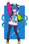  1girl @_@ absurdres ahoge animal_ears aqua_hair arm_up black_leggings black_nails blue_background blue_eyes blue_hair boots border bow clenched_hand commentary crossed_bangs drawstring full_body hair_between_eyes hair_bow hand_on_own_hip heterochromia highres hood hoodie horse_ears horse_girl horse_tail leggings legs_apart long_hair long_sleeves mrqpqy multicolored_clothes multicolored_hair multicolored_hoodie nail_polish open_mouth outside_border raised_fist sharp_teeth sidelocks solo standing striped_bow stuffed_animal stuffed_rabbit stuffed_toy tail teeth twin_turbo_(umamusume) twintails two-tone_hair umamusume upper_teeth_only very_long_hair violet_eyes white_border yellow_footwear 