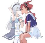  2girls arm_up black_hairband blue_shirt closed_eyes closed_mouth contemporary dark-skinned_female dark_skin dress food food_on_face forehead-to-forehead grey_dress grey_eyes gundam gundam_suisei_no_majo hairband heads_together highres holding holding_food holding_ice_cream ice_cream ice_cream_cone knightym22 long_hair miorine_rembran multiple_girls neckerchief parted_lips pleated_skirt red_neckerchief redhead sailor_collar school_uniform serafuku shirt short_sleeves simple_background sitting skirt smile suletta_mercury two-tone_dress white_background white_dress white_hair white_sailor_collar white_skirt yuri 