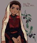  1930s_(style) 1girl black_dress black_eyes brown_hair dark-skinned_female dark_skin dress embroidery english_commentary expressionless grey_background io_(onisarashi) long_sleeves looking_at_viewer olive olive_branch original palestine palestinian_clothes solo turtleneck veil 