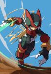  1boy absurdres android armor black_eyes blonde_hair boots crop_top crotch_plate energy_sword forehead_jewel full_body helmet highres holding holding_sword holding_weapon long_hair male_focus mega_man_(series) mega_man_zero_(series) omochi_(mochi_skymega) red_armor red_footwear red_helmet running slashing solo sword weapon z_saber zero(z)_(mega_man) zero_(mega_man) 