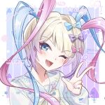  1girl ;d bai_qi_ye_liu blonde_hair blue_bow blue_eyes blue_hair blush bow chinese_commentary chouzetsusaikawa_tenshi-chan commentary_request hair_bow hand_up long_hair long_sleeves looking_at_viewer multicolored_hair needy_girl_overdose one_eye_closed open_mouth pink_bow pink_hair purple_bow purple_hair quad_tails sailor_collar sample_watermark smile solo upper_body w watermark 