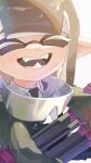  1girl absurdres black_hair close-up closed_eyes commentary_request eyewear_around_neck heavy_splatling_(splatoon) highres inkling inkling_girl inkling_player_character long_hair open_mouth pointy_ears shiu_dotcom smile solo splatoon_(series) splatoon_3 sunglasses teeth tentacle_hair upper_body 