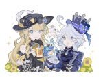  3girls :d ahoge ascot bare_shoulders black_ascot black_flower black_gloves black_hat blonde_hair blue_brooch blue_eyes blue_hair commentary cup curly_hair drill_hair drill_sidelocks drink drop-shaped_pupils earrings flower frilled_sleeves frills furina_(genshin_impact) genshin_impact gloves hair_between_eyes hat hat_feather hat_flower heterochromia highres holding holding_cup holding_drink jewelry long_hair long_sleeves medium_hair mismatched_pupils multicolored_hair multiple_girls navia_(genshin_impact) open_mouth paimon_(genshin_impact) shima_(vivi_do) sidelocks simple_background smile sparkling_eyes streaked_hair sunflower symbol-only_commentary symbol-shaped_pupils top_hat upper_body white_background white_gloves white_hair 