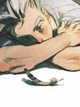  1boy bokuto_koutarou chengongzi123 colored_eyelashes crossed_arms feathers grey_feathers grey_hair grey_shirt haikyuu!! highres looking_at_viewer lying male_focus on_stomach shadow shirt short_hair slit_pupils thick_eyebrows upper_body very_short_hair white_background yellow_eyes 