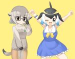  :d arms_up black-framed_eyewear black_gloves black_hair blue_dress blue_eyes blue_hair blush bow bowtie breasts brown_eyes commentary_request cowboy_shot dress frilled_dress frills glasses gloves gradient_hair grey_sweater kemono_friends lets0020 long_sleeves looking_at_viewer medium_bangs medium_breasts meerkat_(kemono_friends) meerkat_ears meerkat_tail multicolored_hair one_eye_closed open_mouth sailor_collar sailor_dress short_hair simple_background small_breasts smile sweater white_sailor_collar yellow_background yellow_bow yellow_bowtie 