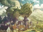  absurdres aldo_dominguez animal_focus beanstalk_wurm blue_sky bridge building clouds commentary company_name day dragon english_commentary fantasy giant giant_monster green_scales highres hill house leaf magic:_the_gathering monster mountainous_horizon no_humans official_art outdoors scales scenery simple_bird sky slit_pupils town yellow_eyes 