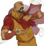  1boy absurdres arm_tattoo arm_wrap avatar_legends bald beard capelet enri_(ceinordraws) facial_hair full_beard head_tattoo highres long_beard long_earlobes looking_to_the_side male_focus mature_male open_mouth red_capelet simple_background solo tattoo tenzin_(legend_of_korra) the_legend_of_korra thick_eyebrows toned toned_male upper_body white_background 