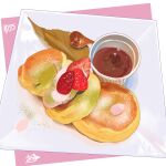  absurdres artist_name cream food food_focus fruit highres no_humans original pancake plate souffle_pancake spoon strawberry sugar_(food) takisou_sou wooden_spoon 