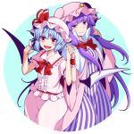  2girls bat_wings blue_background blue_hair breasts coat cowboy_shot dress eichi_yuu fangs flat_chest hat holding_hands light_blue_hair long_hair looking_at_viewer medium_breasts mob_cap multiple_girls open_mouth patchouli_knowledge pink_coat pink_hat pink_shirt pink_skirt pointing pointing_at_viewer pointy_ears purple_dress purple_hair red_eyes red_ribbon remilia_scarlet ribbon shirt short_hair simple_background skirt smile striped_clothes striped_dress touhou vampire violet_eyes white_background wings 