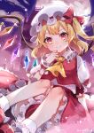  1girl absurdres blonde_hair crystal_wings dress flandre_scarlet frilled_dress frills full_body full_moon hand_up highres ika_esu moon outdoors red_eyes side_ponytail smile solo touhou white_mob_cap wrist_cuffs 