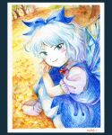  1girl blue_bow blue_dress blue_eyes blue_hair bobby_socks bow cirno closed_mouth dress hair_bow ice ice_wings light_blue_hair looking_at_viewer medinki official_style puffy_short_sleeves puffy_sleeves short_hair short_sleeves smile socks solo touhou traditional_media tree white_socks wings zun_(style) 