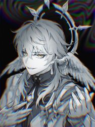  1boy earrings gloves greyscale halo head_wings honkai:_star_rail honkai_(series) jewelry limited_palette looking_at_viewer male_focus medium_hair monochrome o_0_o_0_o_0_o simple_background solo sunday_(honkai:_star_rail) wings yellow_eyes 