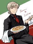  1boy artist_name benno_(honzuki_no_gekokujou) black_shirt black_vest brown_eyes character_name cup dated food highres holding holding_cup holding_plate honzuki_no_gekokujou italian_flag light_brown_hair male_focus necktie one_eye_closed pizza plate red_necktie shirt smile solo standing striped_clothes striped_vest towel vest waiter yuuko24 