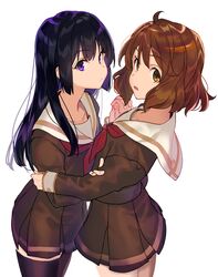  2girls :/ ahoge black_hair black_thighhighs brown_eyes brown_hair brown_serafuku brown_shirt brown_skirt closed_mouth commentary_request cowboy_shot hair_between_eyes hibike!_euphonium highres holding_hands interlocked_fingers kitauji_high_school_uniform kousaka_reina long_hair long_sleeves looking_at_viewer multiple_girls neckerchief oumae_kumiko parted_lips pleated_skirt red_neckerchief sailor_collar school_uniform serafuku shirt short_hair simple_background skirt standing thigh-highs tsukudani_(ore624) violet_eyes white_background white_sailor_collar winter_uniform 