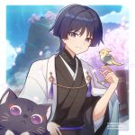  1boy 2others bird black_kimono cat cherry_blossoms closed_mouth genshin_impact japanese_clothes kimono long_sleeves looking_at_viewer male_focus multiple_others purple_hair raramuda_0101 scaramouche_(cat)_(genshin_impact) scaramouche_(genshin_impact) short_hair smile violet_eyes wanderer_(genshin_impact) 