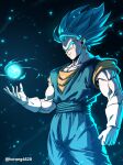  1boy aura blue_eyes blue_hair blue_pants blue_sash blue_shirt cowboy_shot dark_background dougi dragon_ball dragon_ball_super earrings energy gloves glowing highres horang4628 jewelry medium_hair muscular muscular_male orange_shirt pants potara_earrings sash shirt short_sleeves sleeveless sleeveless_shirt smirk spiky_hair super_saiyan super_saiyan_blue twitter_username vegetto white_gloves 