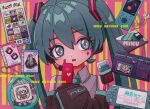  1girl 39 blue_eyes blue_hair blush cd cellphone character_name digital_media_player facial_mark flip_phone hachune_miku handheld_game_console hands_up hatsune_miku hawkbrdg heart heart_facial_mark highres holding holding_phone long_hair looking_at_viewer miku_day open_mouth phone playstation_portable project_diva_(series) project_diva_extend striped_background tamagotchi tamagotchi_(virtual_pet) twintails very_long_hair wallet 