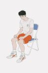  1boy absurdres ankle_socks black_hair brown_eyes chair chengongzi123 chinese_commentary commentary_request full_body glasses highres kogure_kiminobu male_focus orange_shorts round_eyewear shirt shoes short_hair short_sleeves shorts simple_background sitting slam_dunk_(series) sneakers socks solo t-shirt very_short_hair white_background white_footwear white_shirt white_socks 