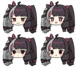  1girl :&gt; :d :i ahoge black_bow black_hair blush_stickers bow chibi closed_mouth commentary_request empty_eyes grey_hair hair_bobbles hair_bow hair_ornament head_only heart heart-shaped_pupils long_hair multicolored_hair multiple_views nijisanji nozo_(hitomiz) parted_lips pout purple_hair red_eyes simple_background smile streaked_hair symbol-shaped_pupils triangle_mouth twintails two-tone_hair v-shaped_eyebrows virtual_youtuber white_background yorumi_rena 