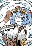  1girl absurdres alternate_costume blue_eyes blue_hair brown_gloves commentary_request dated fingerless_gloves gloves goggles goggles_on_head hair_bobbles hair_ornament highres kawashiro_nitori looking_at_viewer one-hour_drawing_challenge solo touhou translation_request two_side_up upper_body ve1024 water white_background 