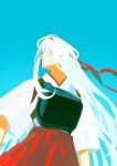  1girl absurdres aqua_background covered_eyes hair_over_eyes hakama headband highres hoshi_(liujingxing333) japanese_clothes kantai_collection long_hair muneate parted_lips profile red_hakama red_headband shoukaku_(kancolle) simple_background solo very_long_hair white_hair wide_sleeves 