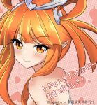  1girl bare_shoulders blush commentary_request duel_monster hair_rings harpie_channeler heart heart_background highres long_hair looking_at_viewer orange_eyes orange_hair pointy_ears smile solo translation_request twintails usuba_kagerou_(shougyouchu) wings yu-gi-oh! 