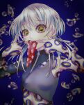  1girl breasts bubble cheek_pull highres long_hair long_tongue looking_at_viewer original single_sleeve small_breasts solo suction_cups tentacle_tongue tongue tongue_out upper_body white_hair yellow_eyes ykdnh_0526 zipper zipper_pull_tab 