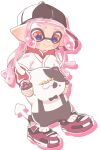  1girl baseball_cap black_hat closed_mouth hair_ornament hat highres inkling inkling_girl inkling_player_character judd_(splatoon) kome_626 long_hair orange_eyes pawpads pink_hair pointy_ears shoes simple_background smile splatoon_(series) star_(symbol) star_hair_ornament tentacle_hair thick_eyebrows white_background 