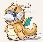  animal_focus black_eyes blue_skin claws colored_skin commentary_request cosplay costume dragonite dragonite_(cosplay) dratini head_wings no_humans pokemon pokemon_(creature) simple_background tail white_background wings xion_(wisteria_way) 