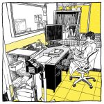  1boy cabinet chair clipboard computer contemporary desk glasses itowo_(itowc) keyboard_(computer) loaded_interior male_focus monitor monochrome office office_chair one_piece pants shirt short_hair solo swivel_chair trafalgar_law yellow_theme 