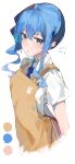  1girl absurdres alternate_costume apron blue_eyes blue_hair blue_necktie brown_apron collared_shirt crossed_bangs hair_between_eyes highres hololive hoshimachi_suisei necktie shirt short_sleeves side_ponytail sidelocks virgo76612871 virtual_youtuber 