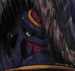  1other alphamon armor digimon digimon_(creature) fur-trimmed_hood fur_trim gem helmet hood hood_over_one_eye kira_(kira_dra) looking_at_viewer mixed-language_commentary no_humans portrait rain red_gemstone solo twitter_username yellow_eyes 