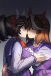  2girls animal_ears black_hair blue_eyes bow brown_hair ear_covers ear_ornament hair_between_eyes hair_ornament horse_ears horse_girl hug katsuragi_ace_(umamusume) long_hair long_sleeves looking_at_viewer medium_hair multicolored_hair multiple_girls omotil ponytail purple_shirt red_eyes sailor_collar sailor_shirt school_uniform shirt sirius_symboli_(umamusume) skirt streaked_hair tassel tassel_hair_ornament tracen_school_uniform umamusume white_hair yuri 