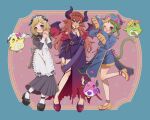  3girls apron bat_(animal) bird black_dress black_footwear blonde_hair blue_shirt blue_shorts bow braid cat_tail commentary_request cone_hair_bun demon_girl demon_horns demon_wings double_bun dress ethini_(pretty_rhythm) femini_(pretty_rhythm) frilled_apron frills full_body green_eyes green_hair hair_bun halloween_costume hand_up hands_up hat hat_ornament high_heels highres holding holding_tray horns jiangshi juliet_sleeves long_hair long_sleeves looking_at_viewer maid maid_headdress mea_(meari_mr) morizono_wakana multiple_girls ofuda one_eye_closed open_mouth outstretched_arms own_hands_together penguin pink_bow pretty_rhythm pretty_rhythm_rainbow_live pretty_series puffy_sleeves purple_dress purple_horns qingdai_guanmao redhead renjouji_beru sessny_(pretty_rhythm) shirt shoes short_hair shorts smile standing standing_on_one_leg tail takanashi_otoha tray twin_braids violet_eyes white_apron wings zombie_pose 