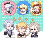  &gt;_&lt; 3boys 3girls aether_(genshin_impact) ahoge albedo_(genshin_impact) aqua_background arm_armor armor arms_up artist_name bare_shoulders beret black_armor black_gloves black_vest blonde_hair blue_eyes blue_hair blue_shirt blue_vest blush braid brother_and_sister brown_eyes brown_gloves brown_shirt closed_eyes closed_mouth clover clover_print crossed_arms dress earrings english_commentary feather_hair_ornament feathers fingerless_gloves flower four-leaf_clover genshin_impact gloves gold_trim grey_hair grumpy hair_between_eyes hair_flower hair_ornament hair_ribbon half-closed_eyes hand_on_own_hip hand_up hat hat_feather hat_ornament highres hood hoodie index_finger_raised jacket jewelry julydelic kamisato_ayaka kamisato_ayato klee_(genshin_impact) lapels long_hair long_sleeves looking_at_viewer looking_down low-braided_long_hair low-tied_long_hair low_twintails lumine_(genshin_impact) mandarin_collar medium_hair mole mole_under_eye mole_under_mouth multiple_boys multiple_girls no_mouth notice_lines open_clothes open_hoodie open_jacket open_mouth petals pink_ribbon pointy_ears polka_dot polka_dot_background ponytail purple_shirt red_dress red_hat ribbon scarf shirt short_hair short_sleeves shoulder_armor siblings sidelocks single_earring sleeveless sleeveless_dress speech_bubble spoken_character standing star_(symbol) tassel twintails v-shaped_eyebrows vest white_background white_dress white_flower white_hoodie white_jacket white_scarf yellow_ribbon 