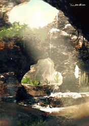  building cactus canyon cave clouds day evening final_fantasy final_fantasy_xiv from_below grass light_rays no_humans plant reflection reflective_water rock scenery shadow sky sunlight tree water yabuka_shiwa 