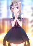  1girl :t ajapar black_dress blunt_bangs blush bob_cut closed_mouth collarbone commentary_request dress grey_hair hair_ornament highres index_fingers_raised looking_at_viewer love_live! love_live!_nijigasaki_high_school_idol_club nakasu_kasumi own_hands_together pout senobi_shitatte short_hair solo standing upper_body violet_eyes 