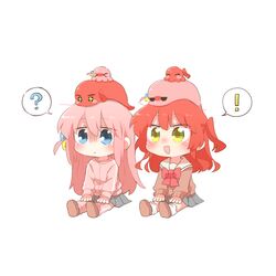  ! &gt;_&lt; +_+ 2girls :d ? ^_^ blue_eyes blush blush_stickers bocchi_the_rock! bow brown_shirt chibi closed_eyes closed_mouth cube_hair_ornament gotoh_hitori gotoh_hitori_(octopus) gotoh_hitori_(tsuchinoko) grey_skirt hair_between_eyes hair_ornament jacket kita_ikuyo long_hair long_sleeves multiple_girls one_side_up pants pants_under_skirt pink_hair pink_jacket pink_pants pleated_skirt puffy_long_sleeves puffy_sleeves rebecca_(keinelove) red_bow redhead sailor_collar school_uniform serafuku shirt sitting skirt sleeves_past_wrists smile spoken_exclamation_mark spoken_question_mark track_jacket track_pants track_suit turn_pale very_long_hair white_sailor_collar yellow_eyes 