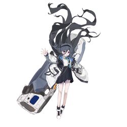  1girl absurdres aris_(blue_archive) black_hair black_hairband black_skirt blue_archive blue_necktie chinese_commentary collared_shirt commentary_request full_body hair_between_eyes hairband highres jacket long_bangs long_hair long_sleeves looking_at_viewer necktie one_side_up open_clothes open_jacket outstretched_arm railgun shirt shirt_tucked_in shoes simple_background skirt solo very_long_hair violet_eyes white_background white_footwear white_jacket white_shirt youik16 