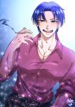  1boy :d absurdres adam&#039;s_apple blue_hair cigarette ear_piercing earrings highres holding holding_cigarette human_bug_daigaku jewelry looking_at_viewer male_focus necklace piercing pink_shirt shirt short_hair smile smoking solo standing sumeragi_tera_(kouzinariagari1) 