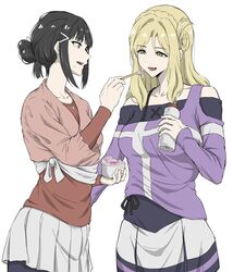  2girls alternate_hairstyle black_hair bottle breasts collarbone commentary_request feeding food green_eyes hair_bun highres holding holding_bottle holding_spoon ice_cream_spoon kurosawa_dia long_sleeves looking_at_another love_live! love_live!_sunshine!! medium_breasts medium_hair mole mole_under_mouth multiple_girls ohara_mari open_mouth pants pants_under_skirt purple_shirt red_shirt shaved_ice shirt sidelocks single_hair_ring skirt spoon standing upper_body white_background white_skirt yakult1124 yellow_eyes yuri 