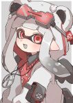 1girl :d absurdres animal_ears animal_hood arm_pouch bear_ears bear_hood black_wings blunt_bangs blush border eyewear_on_head fake_animal_ears grey_eyes grey_hair grey_shirt grey_tongue highres hood hood_up hoodie inkling inkling_girl inkling_player_character jewelry long_hair long_sleeves looking_at_viewer low_wings multiple_wings necklace open_clothes open_hoodie open_mouth pointy_ears print_sweater red_eyes red_sweater_vest sample_watermark shirt sif_ly smile solo splatoon_(series) stuffing sweater sweater_vest tentacle_hair watermark white_border white_hoodie wings 