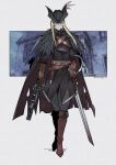  1girl belt black_hat blonde_hair bloodborne boots brown_footwear brown_gloves cape commentary commission english_commentary full_body fur-trimmed_cape fur_trim gloves gun hat herheim731_(denny626) highres holding holding_gun holding_weapon hunter_(bloodborne) long_hair looking_at_viewer sheath sheathed simple_background solo standing sword torn_cape torn_clothes tricorne weapon white_background yellow_eyes 
