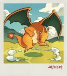  ^_^ animal_focus charizard closed_eyes clouds commentary dated day dragon english_commentary field flame-tipped_tail flying full_body happy highres nature no_humans photo_(object) pokemon pokemon_(creature) sky solo teletelo 