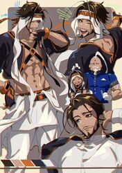  2boys abs arabian_clothes arm_behind_head arm_up azam_(street_fighter) belt bindi black_belt black_gloves black_shirt blue_shirt bracelet breast_pocket brown_eyes brown_hair buttons carrying carrying_person chest_belt closed_mouth collared_shirt color_guide comedic_sweatdrop commentary curled_fingers dark-skinned_male dark_skin facial_hair fingerless_gloves gem gloves goatee groin hair_intakes hand_on_own_hip hat headband highres jewelry laughing long_sleeves looking_back looking_to_the_side male_focus multicolored_clothes multiple_boys multiple_views muscular muscular_male mustache one_eye_closed open_clothes open_shirt orange_bracelet orange_trim outstretched_arm pants patterned_clothing pectorals pocket pocket_square ponytail rashid_(street_fighter) scruffing shirt short_sleeves shout_lines sideways_glance solo_focus street_fighter street_fighter_6 sweatdrop tantan_notan undershirt white_gloves white_hair white_hat white_pants white_shirt white_wrist_cuffs wrist_cuffs 