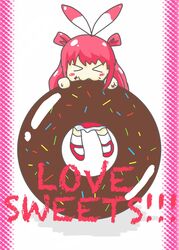 1girl beatmania doughnut eat eating food red_dress red_eyes red_skirt redhead umegiri_ameto