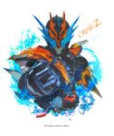  1boy absurdres armor blue_armor build_driver character_name clenched_hands cross-z_dragon highres kamen_rider kamen_rider_build_(series) kamen_rider_cross-z male_focus obakelope0530 orange_armor power_armor simple_background solo upper_body white_background 