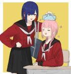  2girls alternate_costume bag black_sailor_collar black_skirt blue_eyes blue_hair blush border braid chair closed_eyes colored_inner_hair commentary_request desk feet_out_of_frame hair_over_shoulder hand_on_another&#039;s_head hand_on_own_hip hand_up highres holding_bento isshiki_(ffmania7) kaf_(kamitsubaki_studio) kamitsubaki_studio long_hair long_sleeves looking_at_another low_twin_braids matching_outfits medium_hair multicolored_eyes multicolored_hair multiple_girls neckerchief object_on_head on_chair open_mouth pink_hair pleated_skirt red_eyes red_shirt redhead rim_(kamitsubaki_studio) romaji_commentary sailor_collar school_bag school_chair school_desk school_uniform serafuku shirt shoulder_bag simple_background sitting sketch skirt smile standing twin_braids virtual_youtuber white_border white_neckerchief yellow_background yellow_pupils 