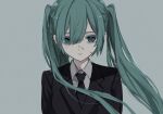  1girl 37_nitrogen :| blood blood_on_face blue_eyes blue_hair closed_mouth collared_shirt commentary_request ear_piercing hatsune_miku highres jacket long_hair necktie piercing shirt simple_background solo suit suit_jacket twintails very_long_hair vocaloid 
